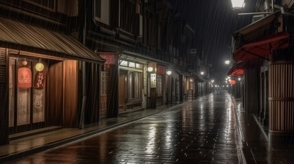 Fototapeta premium A serene, rain-soaked street in a traditional town, illuminated by soft lights at night.