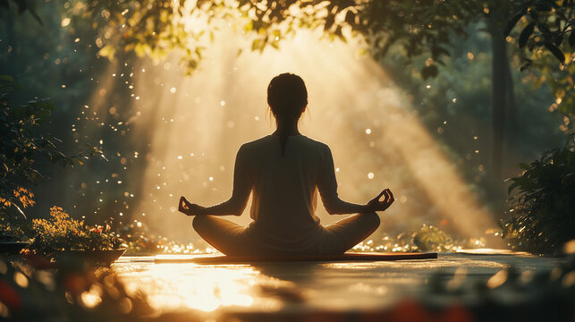 Silhouette of a woman meditating in a cross-legged position with sunlight streaming through trees in a tranquil garden