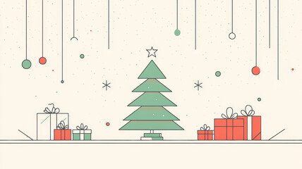 Minimalist christmas tree and gift boxes frame line art vector