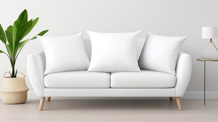 Fototapeta premium A modern white sofa with decorative pillows and a plant nearby.