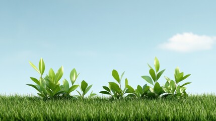 Obraz premium Green plants growing in lush grass under a clear blue sky.