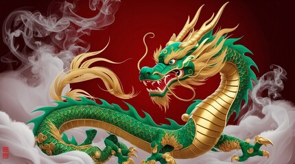 Fototapeta premium Illustration of Fierce Golden Horned Dragon in Mystical Glory. 