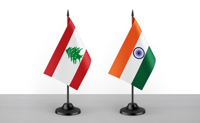 Image of the table flag of Lebanon and India countries. White background. Close-up flags. High...