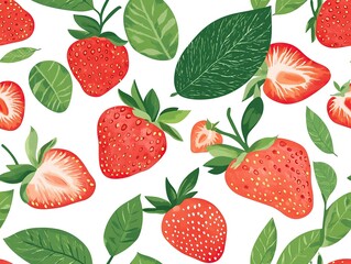 Seamless pattern of red strawberries and green leaves on white background.