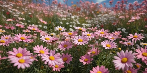 Fototapeta premium Vibrant daisies and pink blossoms sway gently in the warm spring breeze amidst a kaleidoscope of wildflowers, blossoms, meadow