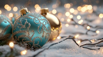 A dreamy close-up of turquoise and gold Christmas balls with frost-like detailing, nestled among glowing string lights and snowy branches. Elegant and cozy