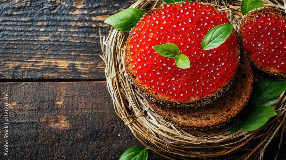 Poster red caviar on brown bread garnished with green leaves in a rustic straw basket on a wooden table set