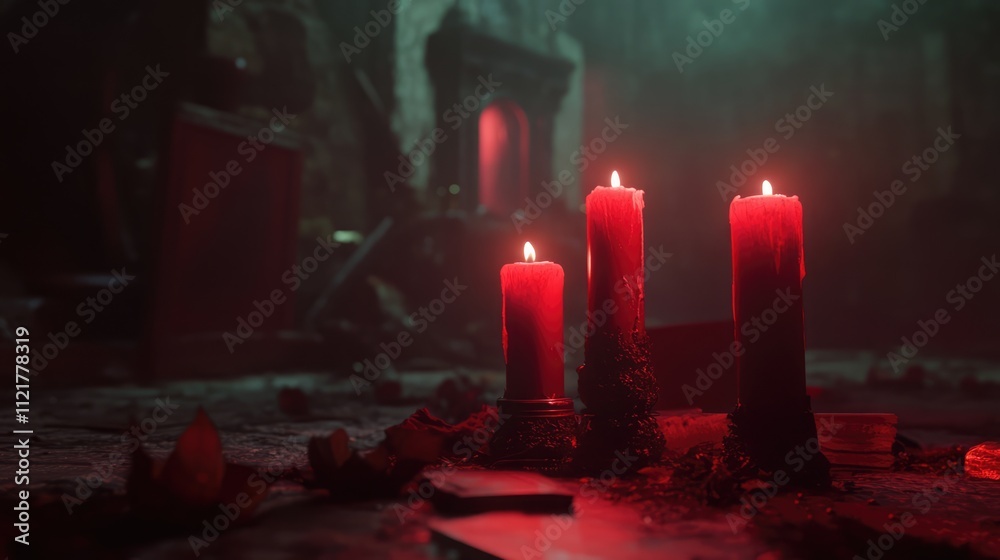 Poster Red candles glowing ominously in a dimly lit, atmospheric setting creating a mysterious and moody ambiance for dramatic visual storytelling