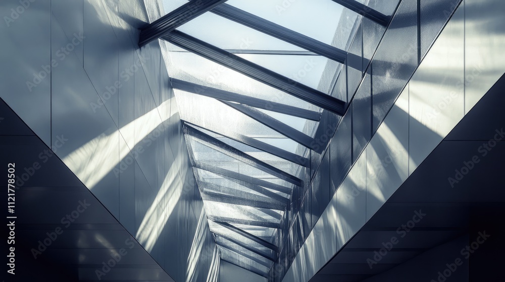 Poster modern architectural design featuring roof windows integrated with aluminum sheeting creating dynami