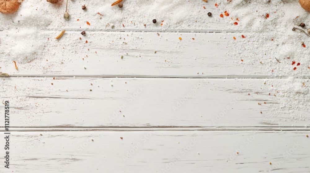 Poster salt and assorted spices scattered on a rustic white wooden surface for culinary or recipe backgroun