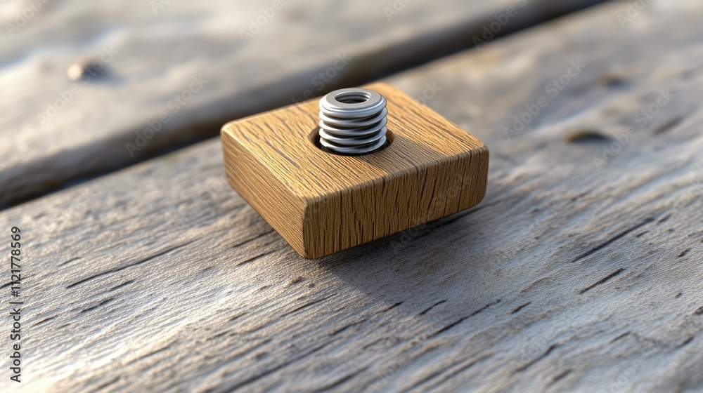 Poster Wooden block with metal screw on a weathered wooden surface showcasing craftsmanship and design elements in product photography