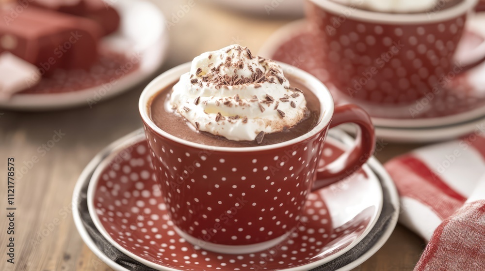 Poster Cozy retro mug filled with hot chocolate topped with whipped cream on plates creating a warm inviting atmosphere for winter gatherings