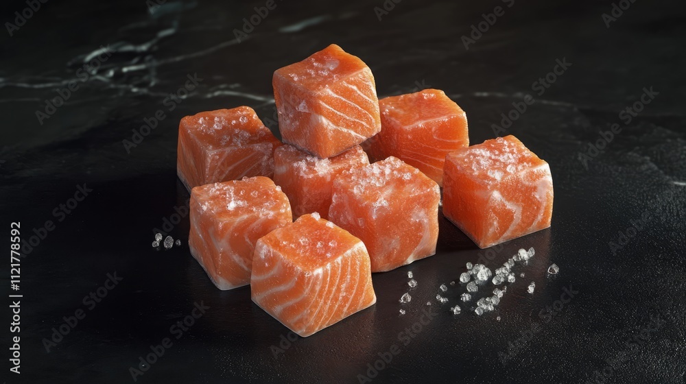 Poster fresh salted salmon cubes ready for culinary preparation on a dark stone background showcasing their