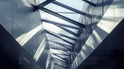 Modern architectural design featuring roof windows integrated with aluminum sheeting creating dynamic light in an interior space.