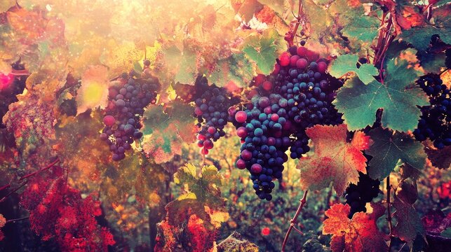 Vibrant Ripe Grapes Hanging Among Autumn Leaves in Bordeaux Vineyard with Warm Light Effects