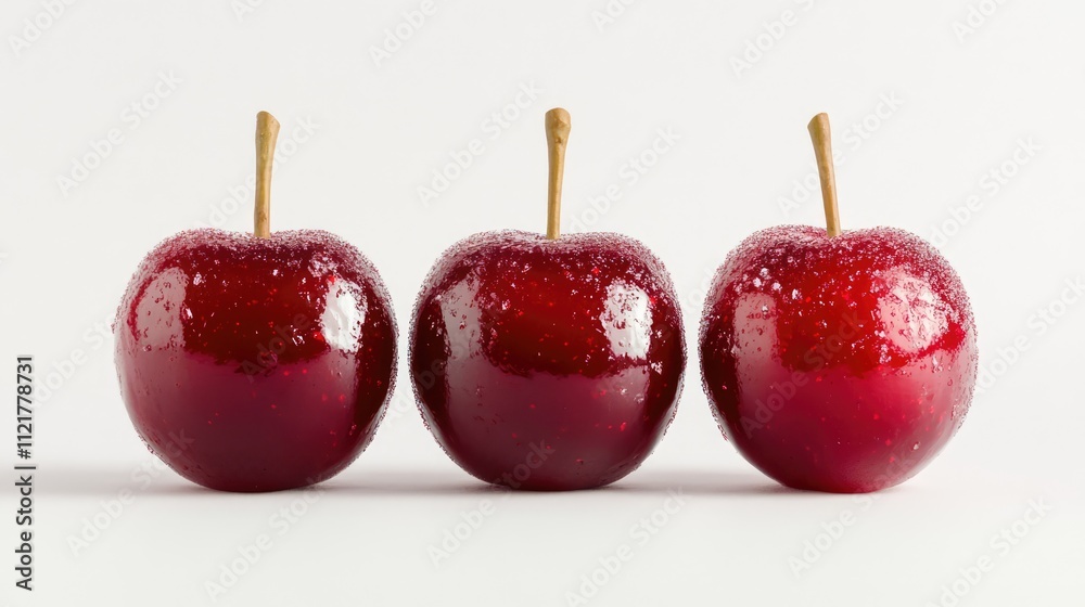 Poster candied red apples glistening with a sugary glaze isolated on a clean white background perfect for a