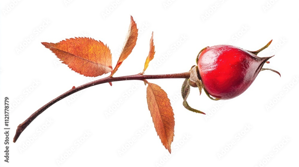 Aufkleber rose hip branch with bright red fruit and autumn leaves on a white background for natural and botani