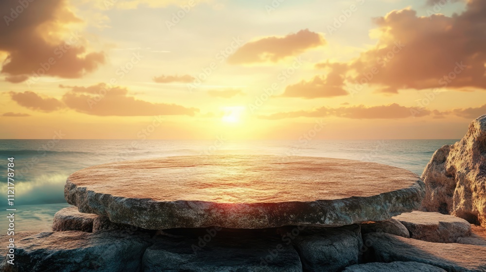 Aufkleber rock stone platform by the seaside at sunset with calm waves and colorful sky ideal for product disp