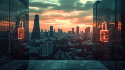 Rooftop view of Bangkok skyline at sunset with holographic padlock icons symbolizing cybersecurity and data protection in urban landscape