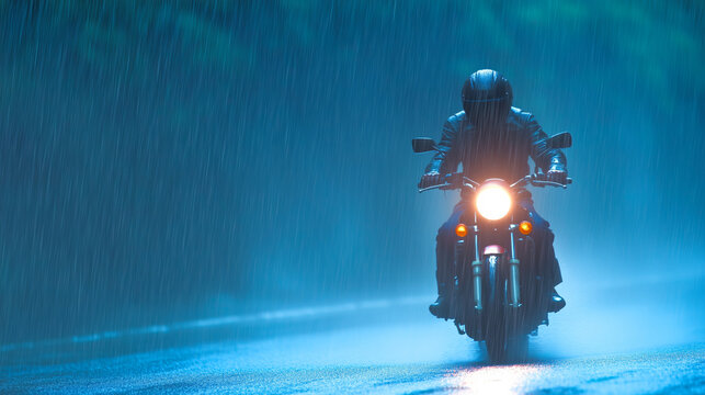 Biker riding through heavy rain on a dark road