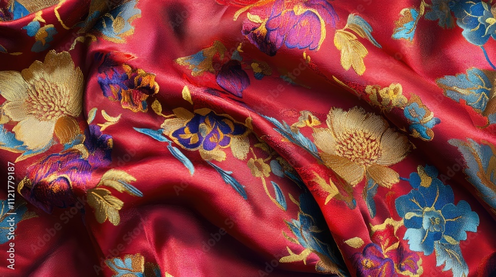 Poster vibrant red silk textile with intricate floral patterns showcasing rich colors and luxurious texture
