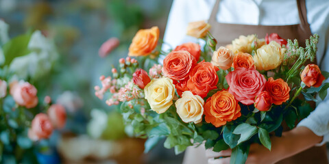 A florist is seen holding a stunning bouquet filled with colorful roses and greenery. The background features more flowers, creating a lively atmosphere in the shop