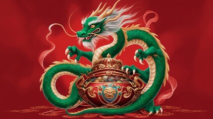 Obraz premium Illustration of Fierce Golden Horned Dragon in Mystical Glory. 