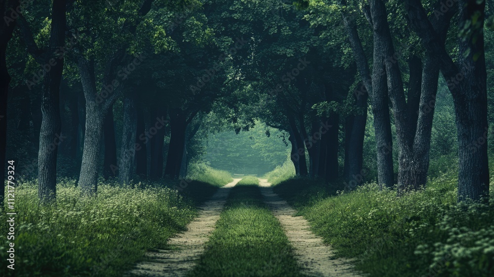 Aufkleber serene forest pathway surrounded by trees leading to an uncertain future in nature's tranquility