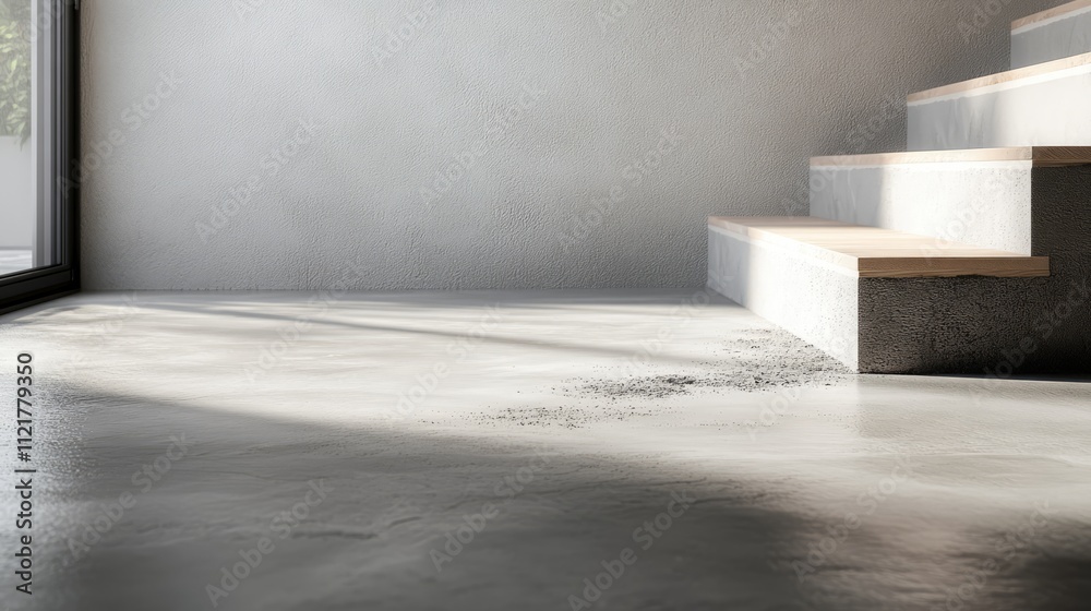Poster modern concrete floor with staircase natural light highlighting the texture and finish of the screed
