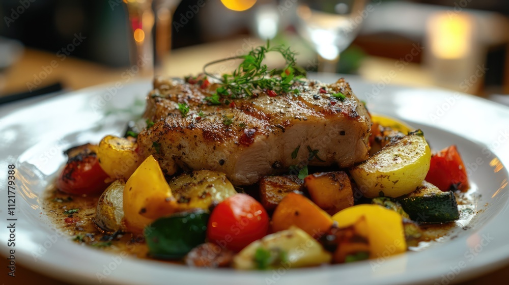 Aufkleber roasted pork served with colorful vegetables in selective focus highlighting culinary presentation a