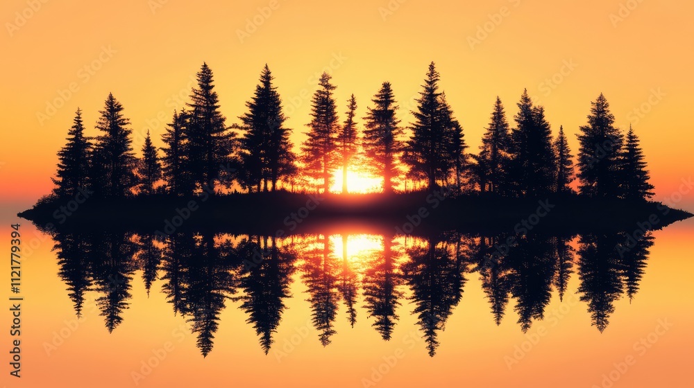 Poster serene sunset reflections of silhouetted trees on a calm lake creating a picturesque nature scene in