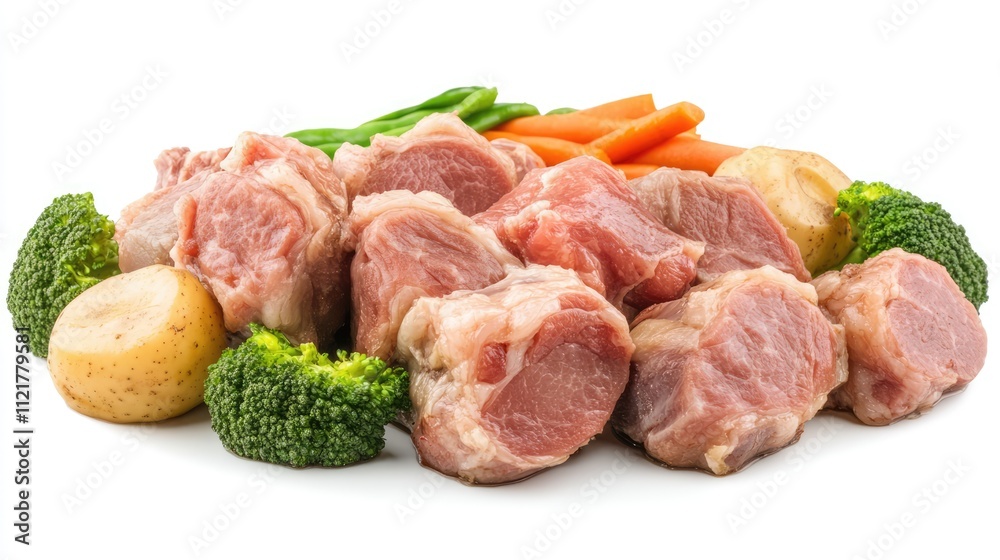 Poster roast pork with assorted vegetables presented on a white background for a delicious culinary display