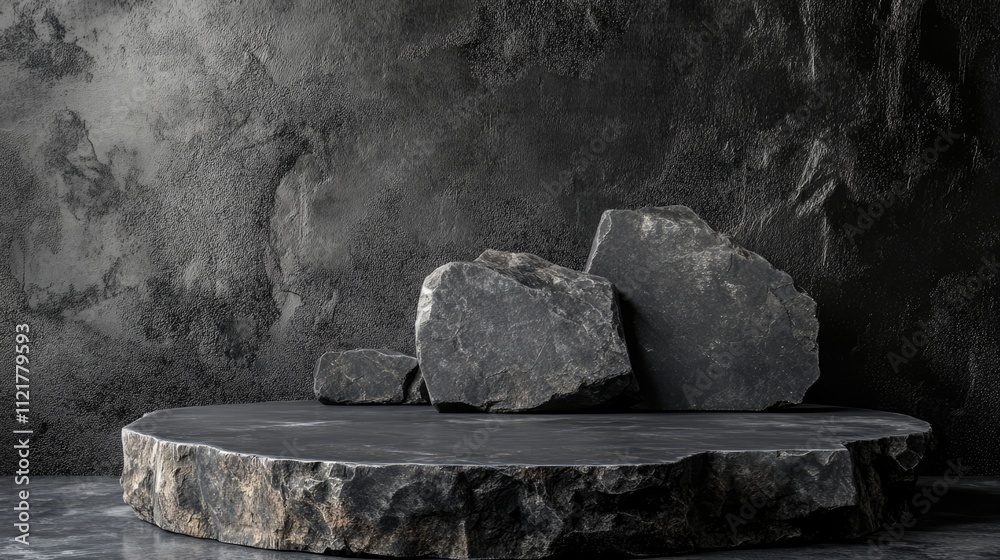 Poster Rock stone podium display with dark gray wall background for product presentation in a minimalist studio setting.