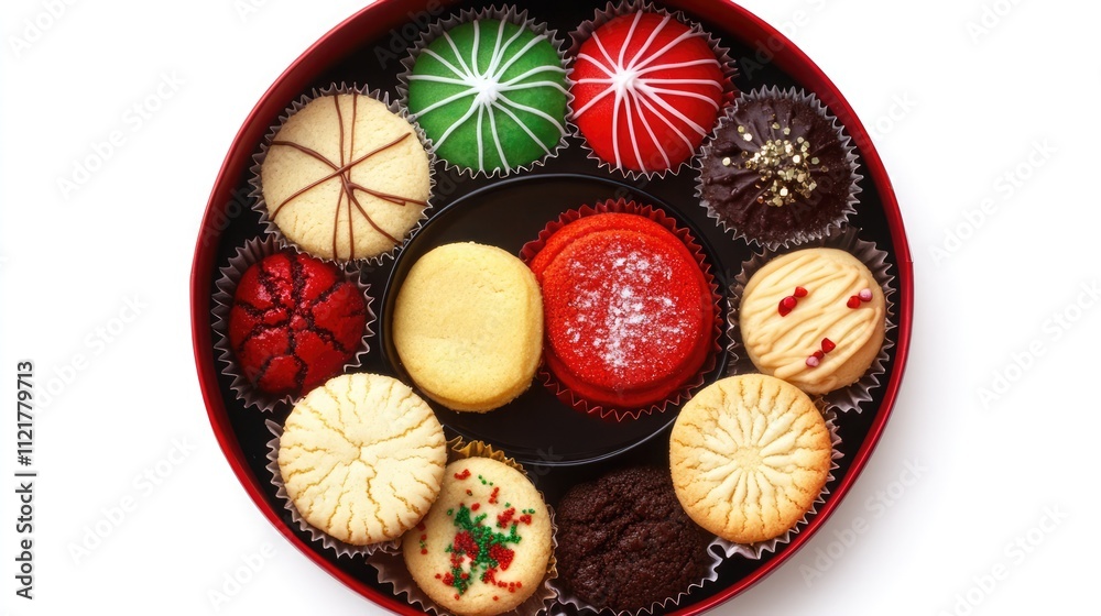 Poster Assorted festive cookies in a round red box arranged neatly against a clean white background for holiday celebrations and gifts