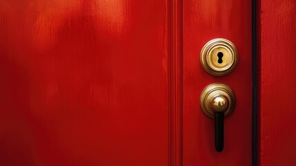 Obraz premium Red vintage fire station door featuring a classic combo lock and elegant doorknob design on a vibrant red background.