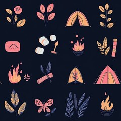 Seamless pattern with camping icons in a dark blue background.