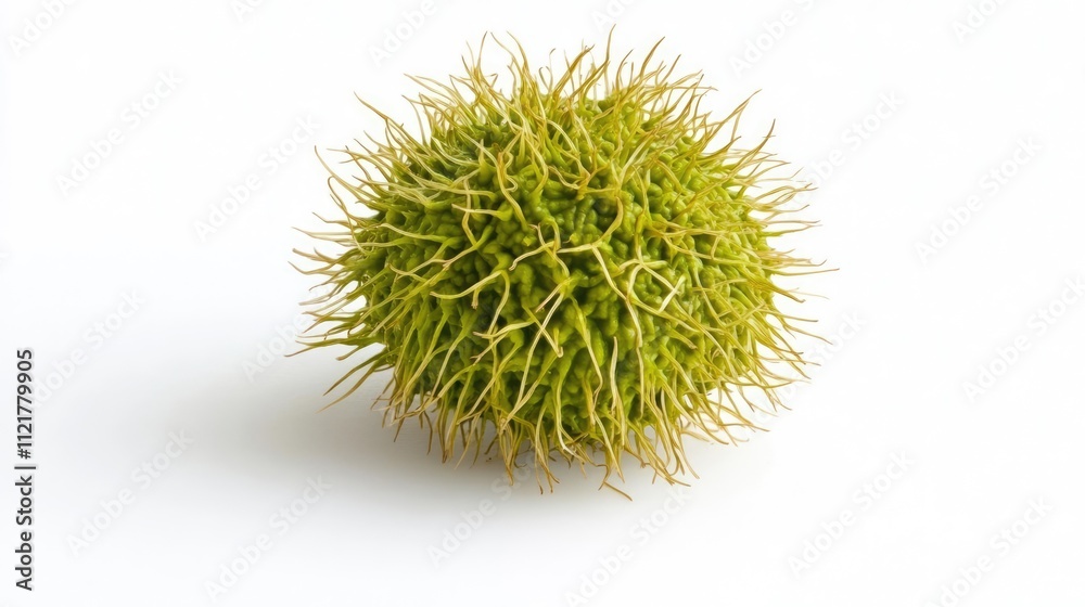 Poster Fresh green chestnut seed with spiky outer shell isolated on white background botanical close-up for food and nature concepts.