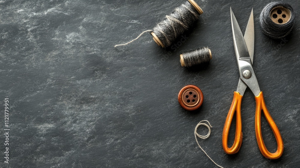 Poster Seamstress tools with scissors buttons spools of thread and leather on dark textured surface for crafting and sewing projects
