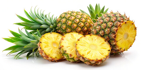 Fototapeta premium Vibrant pineapples sit on a clean surface, showcasing their spiky green tops and golden flesh. Slices are arranged to highlight their juicy texture and tropical appeal