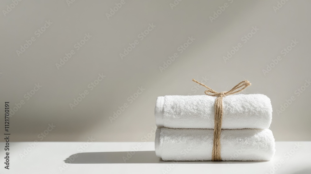 Leinwandbilder rolled white spa towels tied with natural rope on a minimalistic counter table with ample copy space
