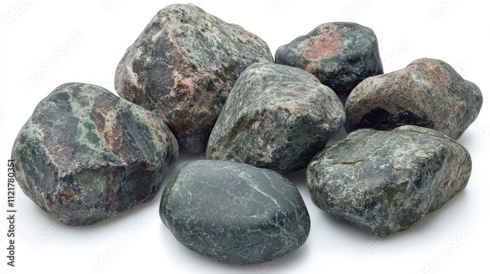 Poster Natural beach stones in various shapes and colors arranged on a clean white background highlighting their unique textures and patterns.
