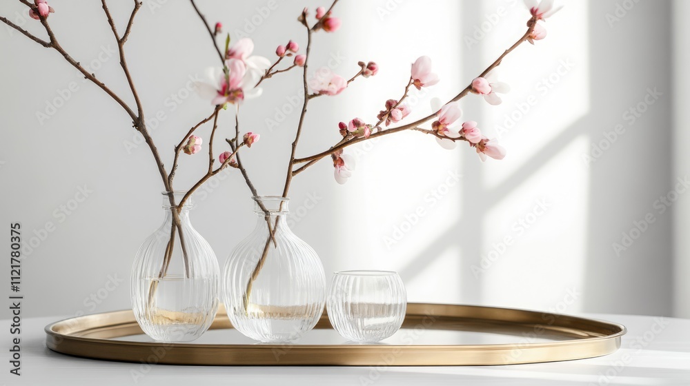 Poster scandinavian style easter decoration featuring spring branches in glass vases arranged on a brass tr