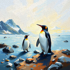 Fototapeta premium Penguin. Animal illustration with oil paint. Pattern for printing on wall decorations, covers, wallpapers