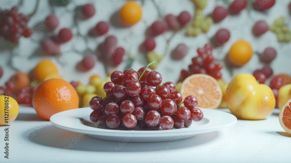 Poster ripe red grapes on a white plate surrounded by an array of colorful fruits in a beautifully arranged