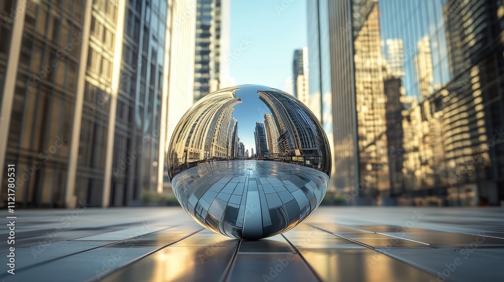 Poster reflections of urban skyline in a metallic sphere showcasing modern architecture and city life dynam