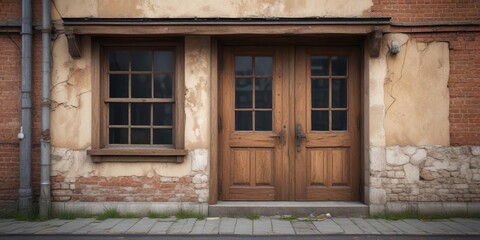 Obraz premium Wooden building with boarded-up windows and a broken door, abandoned, ruin, decay
