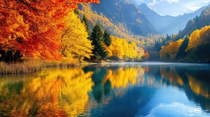 Autumn landscape with vibrant trees reflecting in tranquil lake water surrounded by mountains and clear blue sky