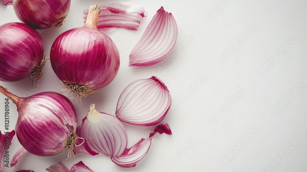 Poster Fresh red onions with slices arranged artfully on a clean white background showcasing their vibrant color and texture