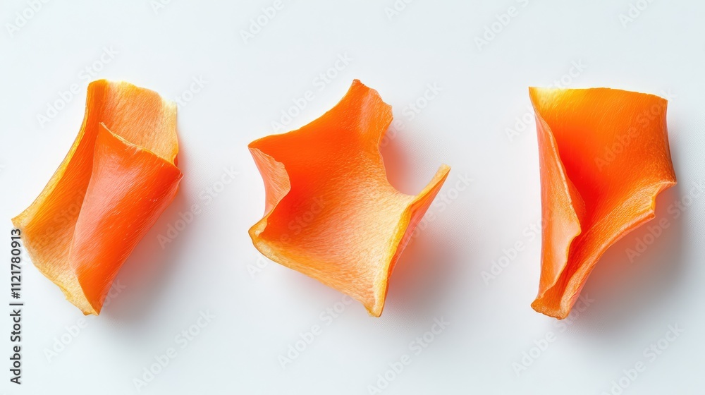 Poster sliced red pepper pieces arranged artistically on a clean white background showcasing their vibrant 