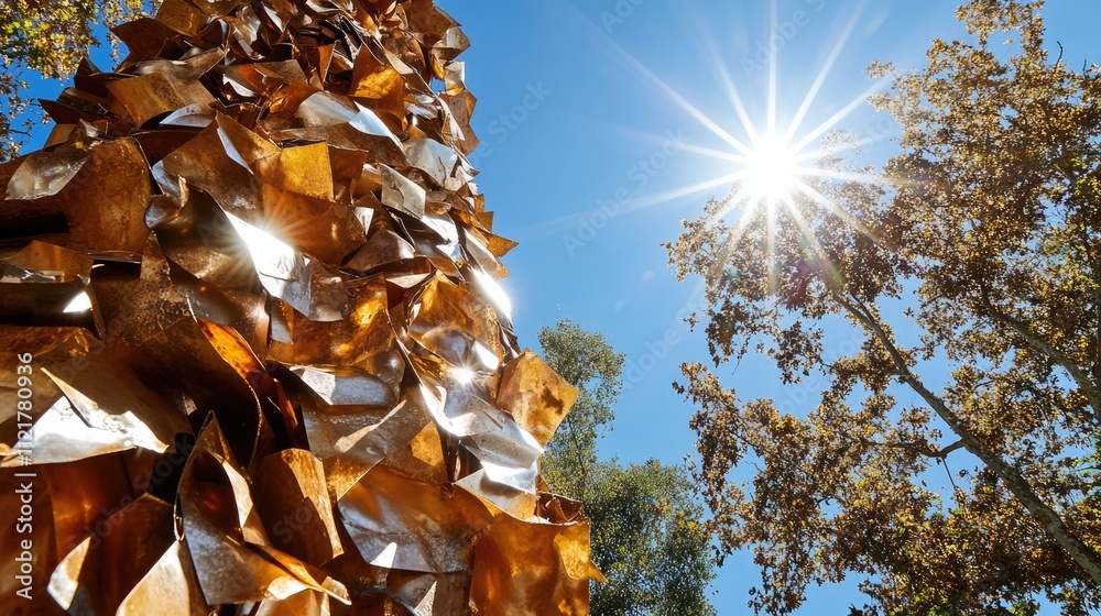 Poster reflections of scrap metal and chipboard under sunlight showcasing shimmering textures and nature's 